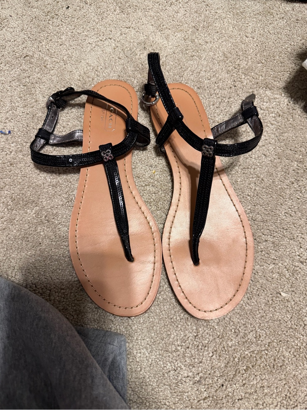 Coach Black T-Strap Leather Sandals with Tan Footbed
